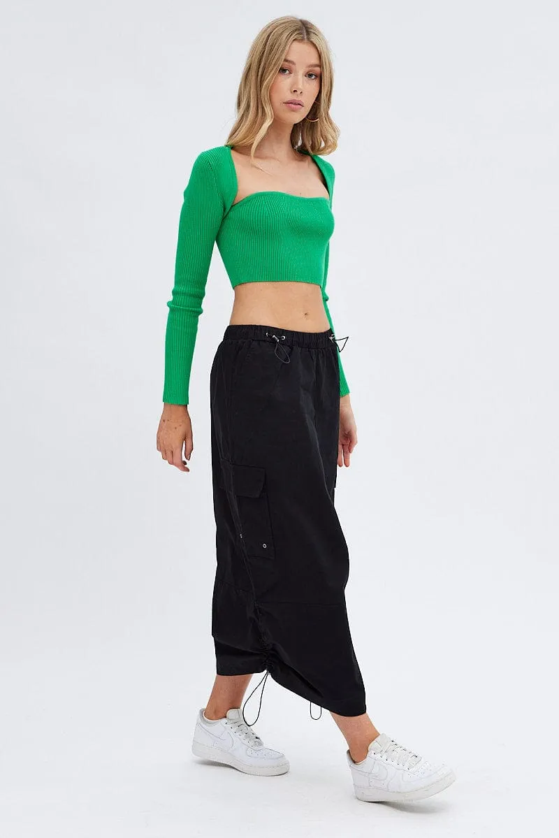 Black Parachute Cargo Skirt Low Rise Midi Tiered Layers