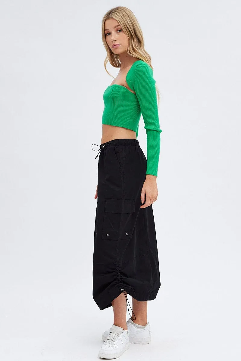 Black Parachute Cargo Skirt Low Rise Midi Comfy Fit