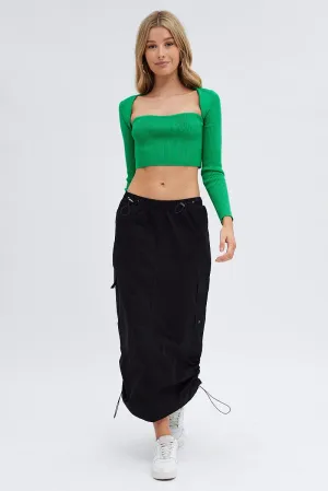 Black Parachute Cargo Skirt Low Rise Midi Couture Inspired Daytime Look