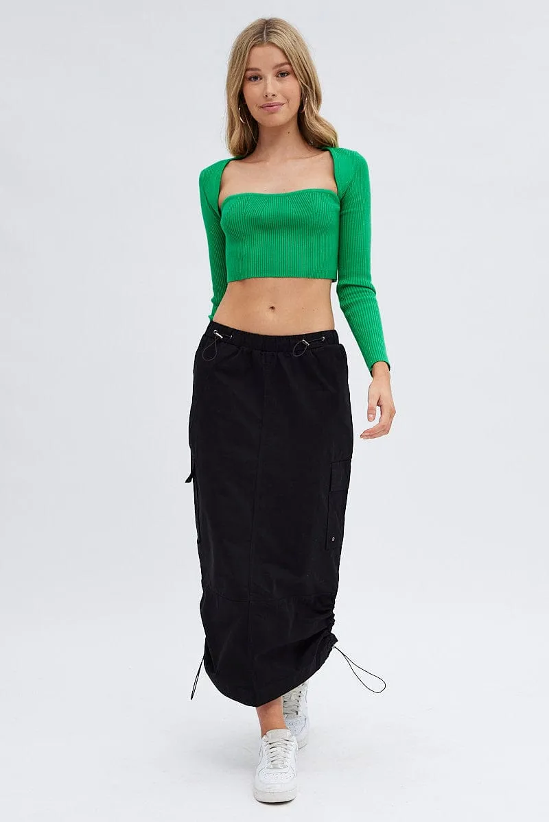 Black Parachute Cargo Skirt Low Rise Midi Couture Inspired Daytime Look
