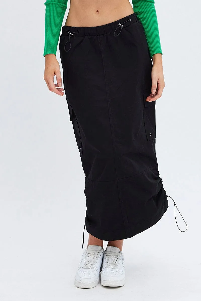 Emerging Designer Timeless Trend Black Parachute Cargo Skirt Low Rise Midi