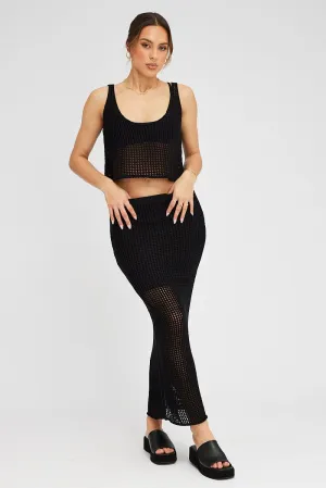 Black Knit Skirt Midi Crochet color block Minimal Look