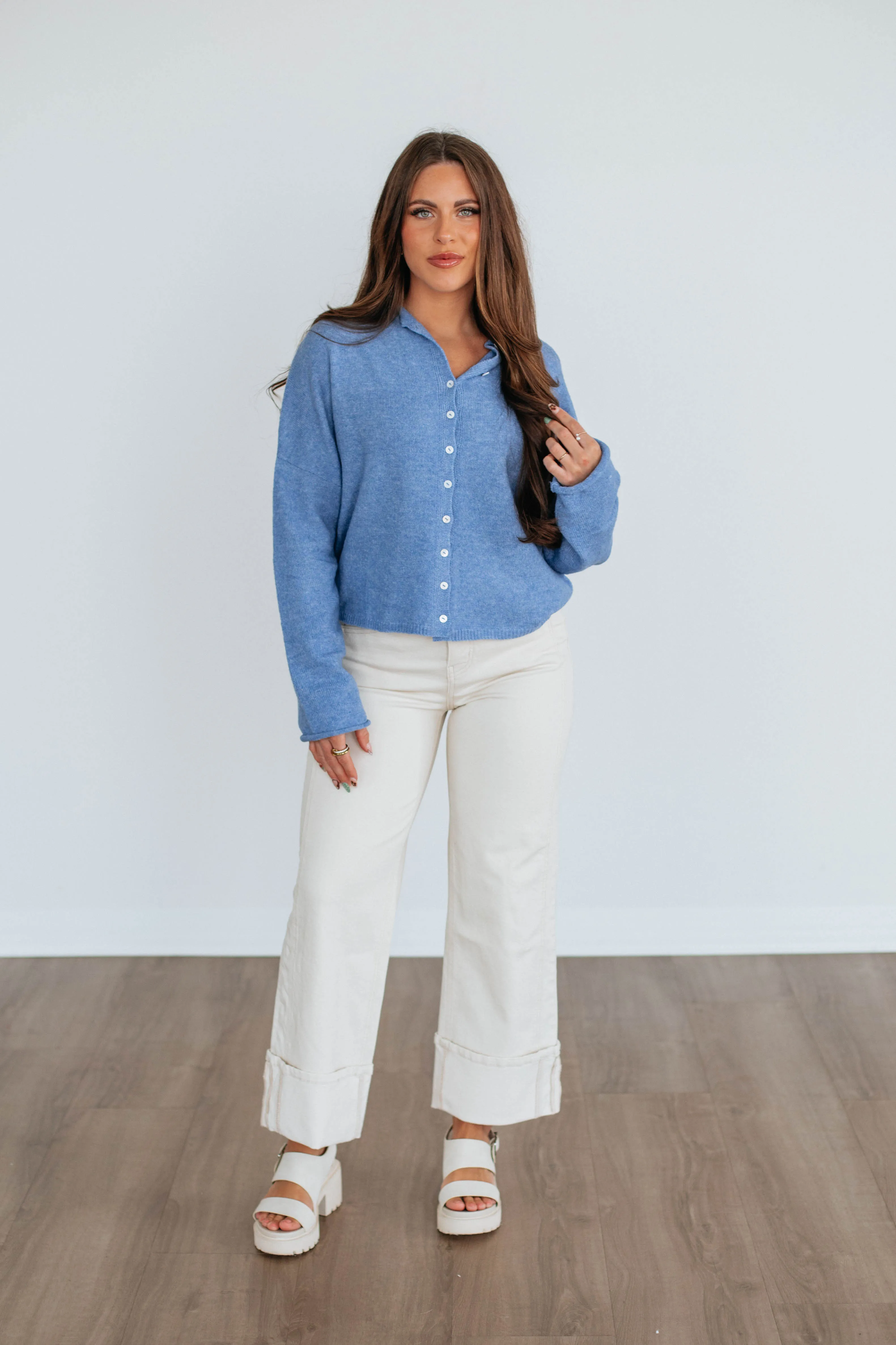 Brooke Cardigan - Dusty Blue Light Knit Anti Snag Fabric