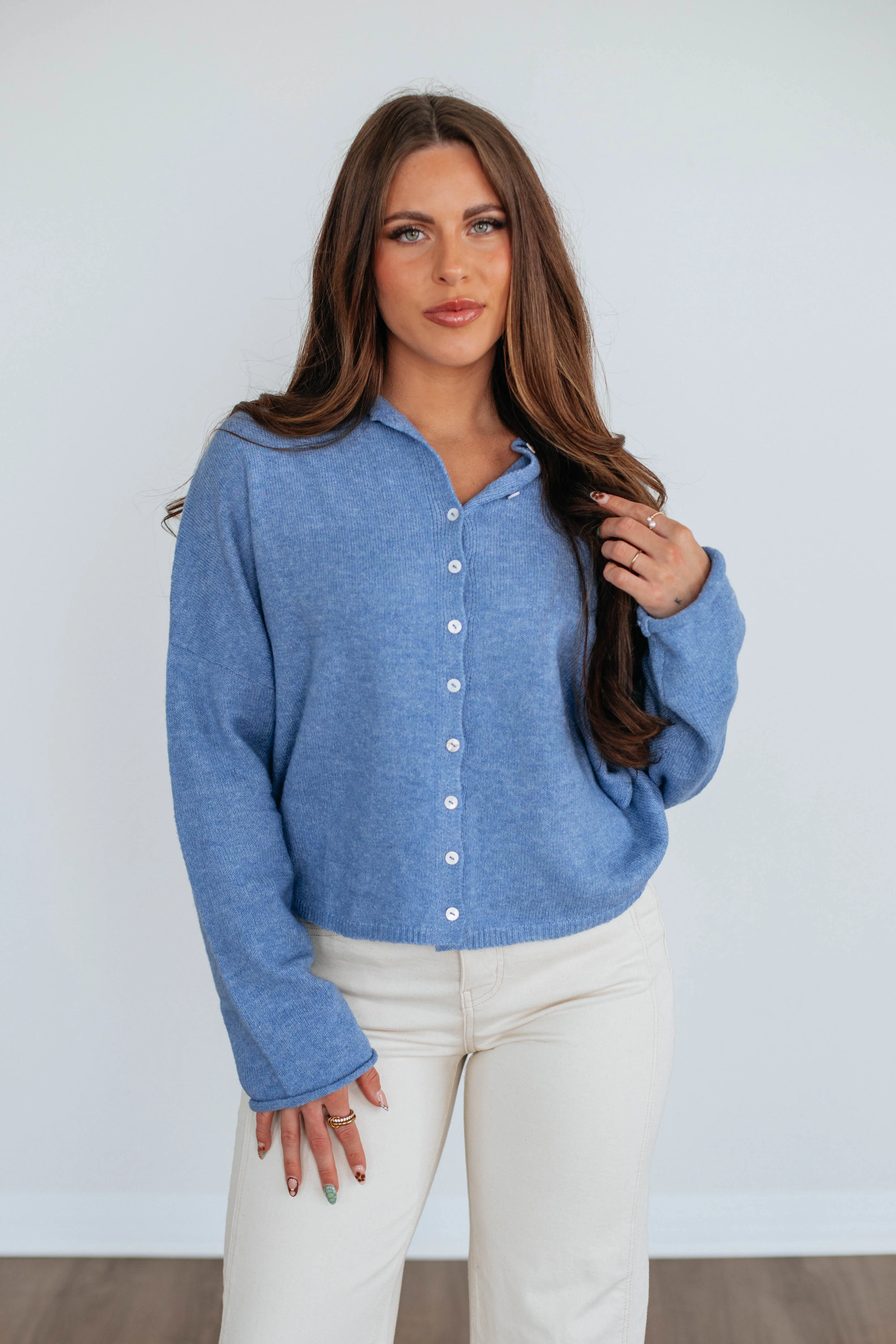 Waffle Knit Brooke Cardigan - Dusty Blue