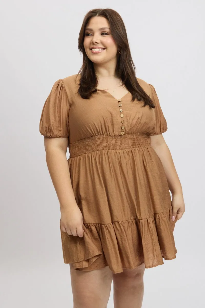 Brown Shirred Waist Button Mini Dress Simple Style Look Versatile Style