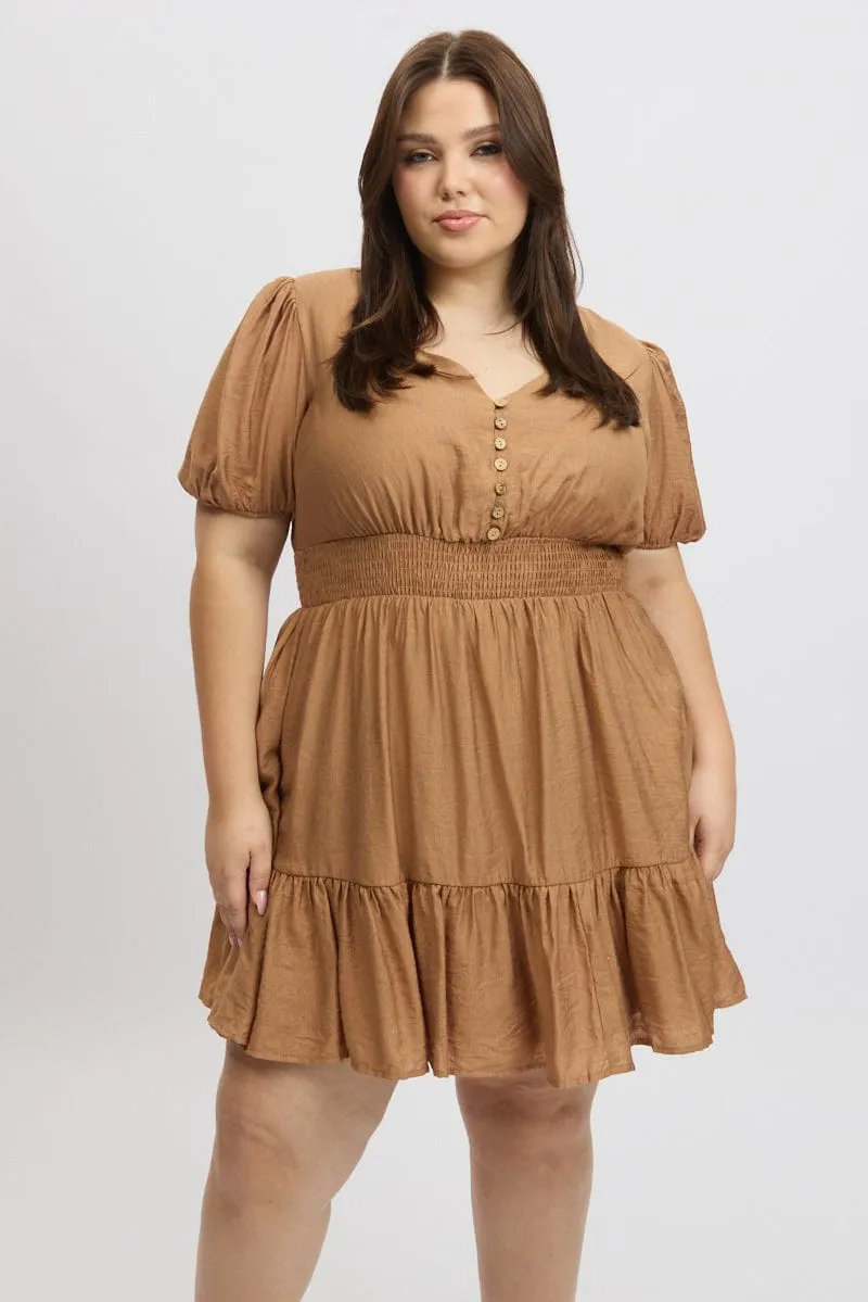 Weekend Ready Brown Shirred Waist Button Mini Dress