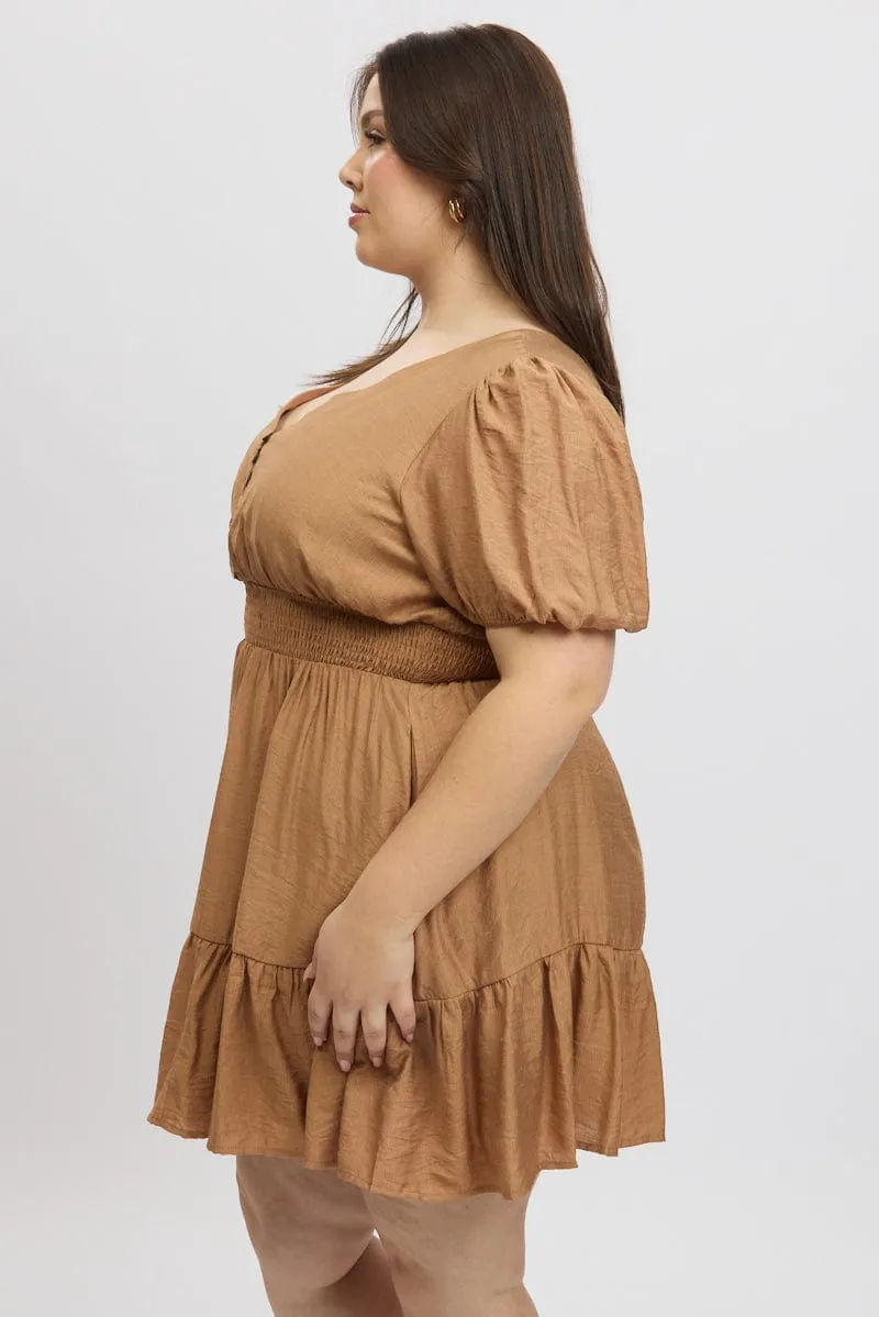 Brown Shirred Waist Button Mini Dress Pop Glow