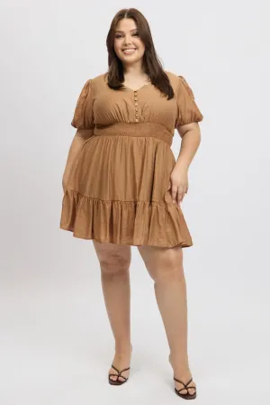Star Beat Hidden Pocket Design Brown Shirred Waist Button Mini Dress