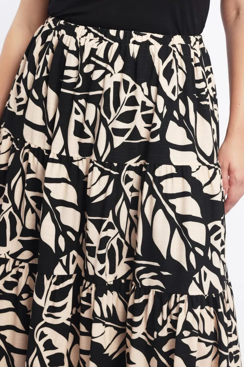 Black Floral Linen Blend Tiered Maxiskirt Smooth Feel