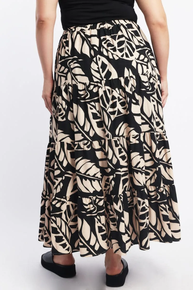 Black Floral Linen Blend Tiered Maxiskirt Friction Free