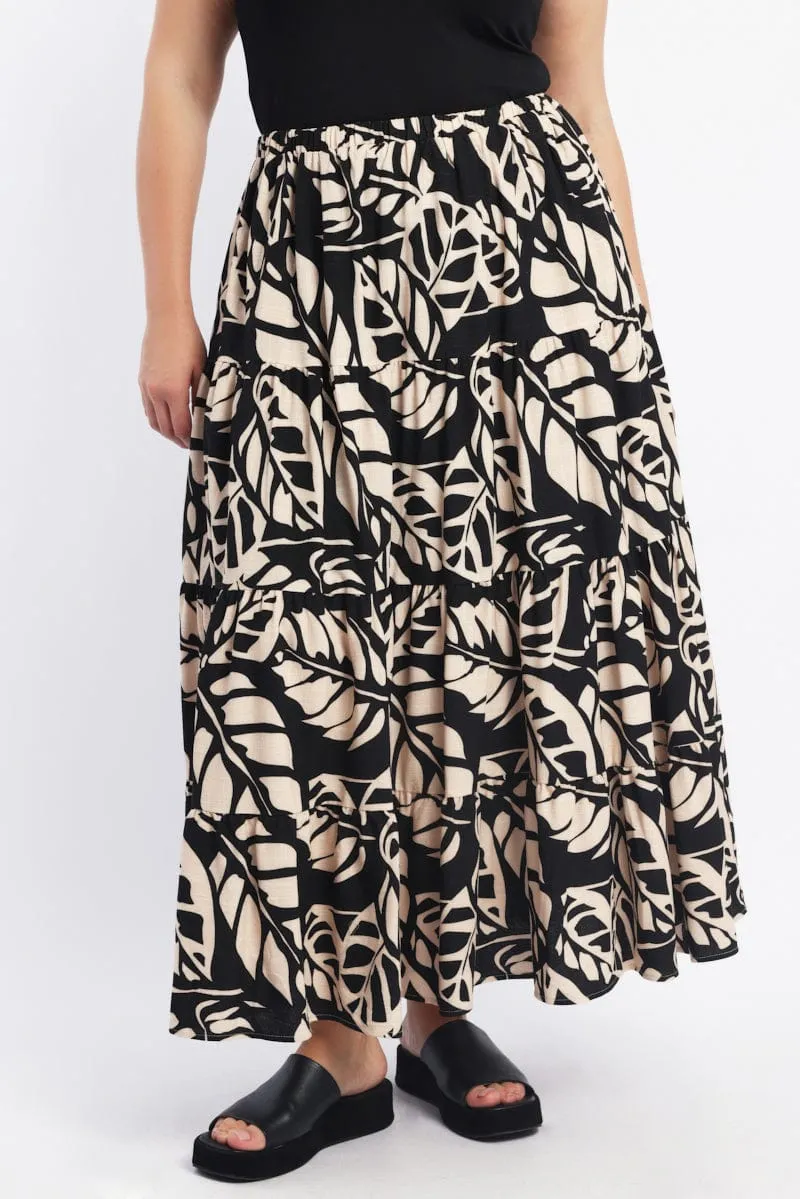 Urban Pulse Sleek Flow Black Floral Linen Blend Tiered Maxiskirt