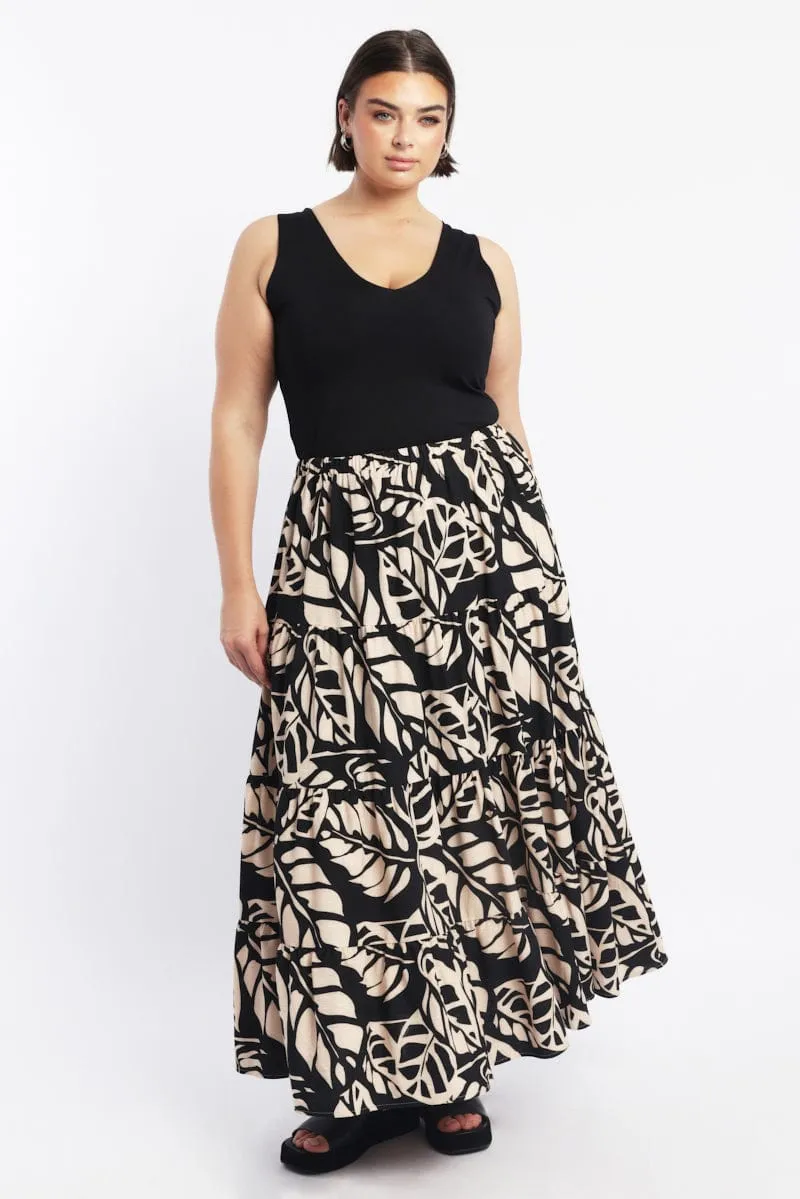 Black Floral Linen Blend Tiered Maxiskirt Ombre effect elastic waistband