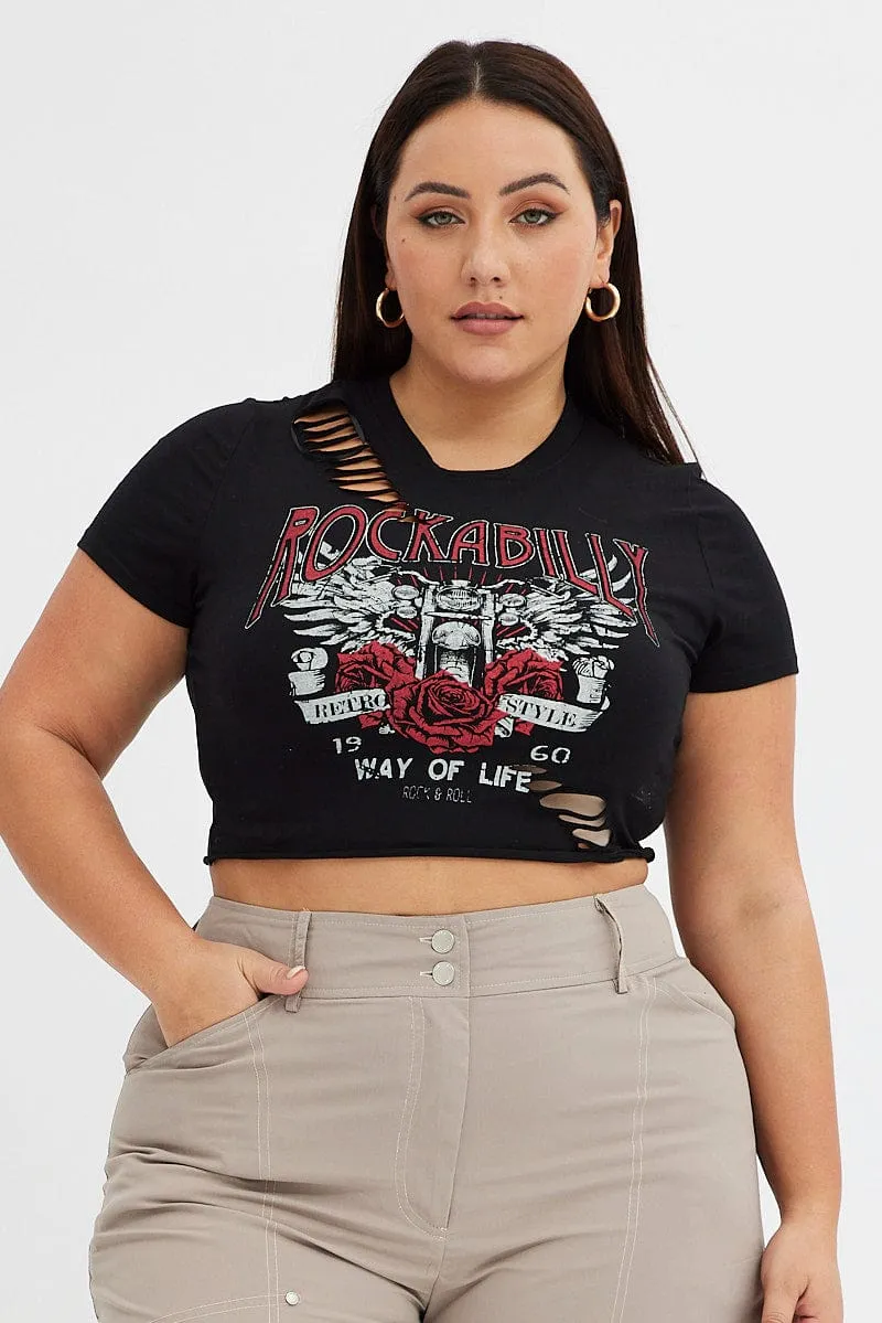 Breathable Cotton Fabric Classic Cut Black Graphic T-shirt Rockabilly Distressed Crop