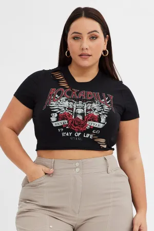 Breathable Cotton Fabric Classic Cut Black Graphic T-shirt Rockabilly Distressed Crop