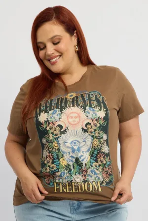 Bohemian Quick Release Hem Brown Graphic T-shirt Short Sleeve Crew Neck