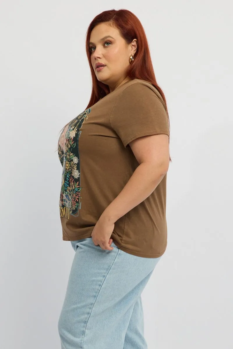 Premium Comfort Basic Wear Brown Graphic T-shirt Short Sleeve Crew Neck