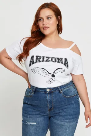 White Graphic T-shirt Arizona Short Sleeve Cold Shoulder Casual Layer Lint Resistant Surface