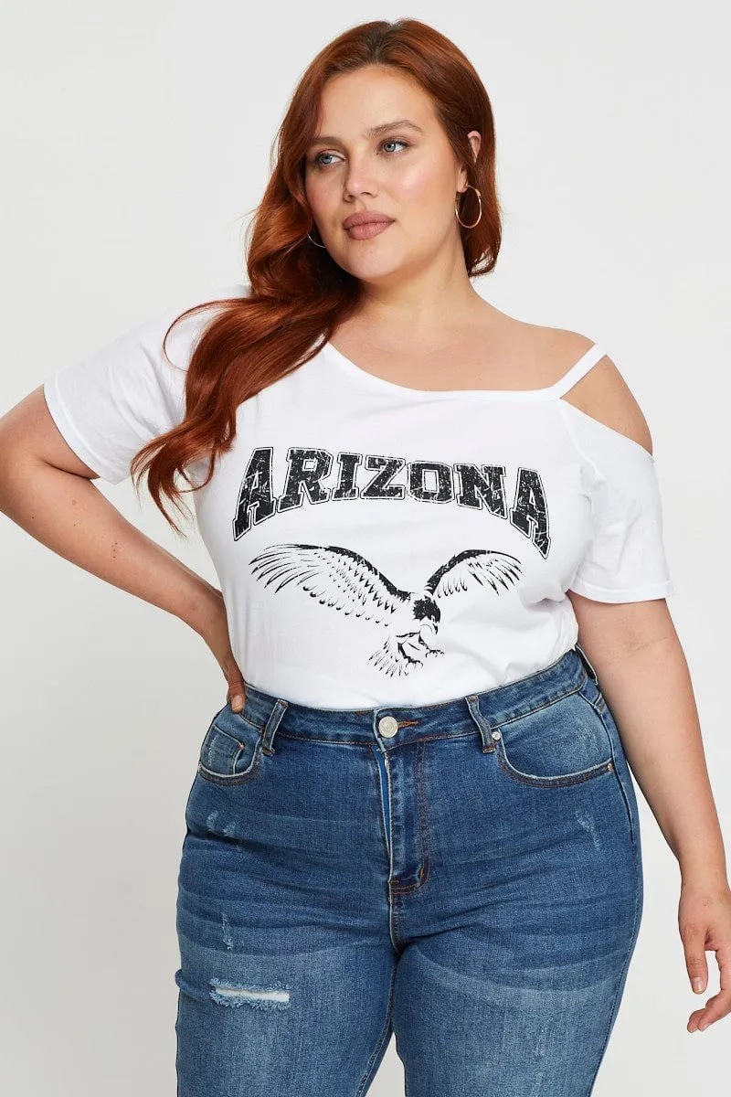 White Graphic T-shirt Arizona Short Sleeve Cold Shoulder Casual Layer Lint Resistant Surface