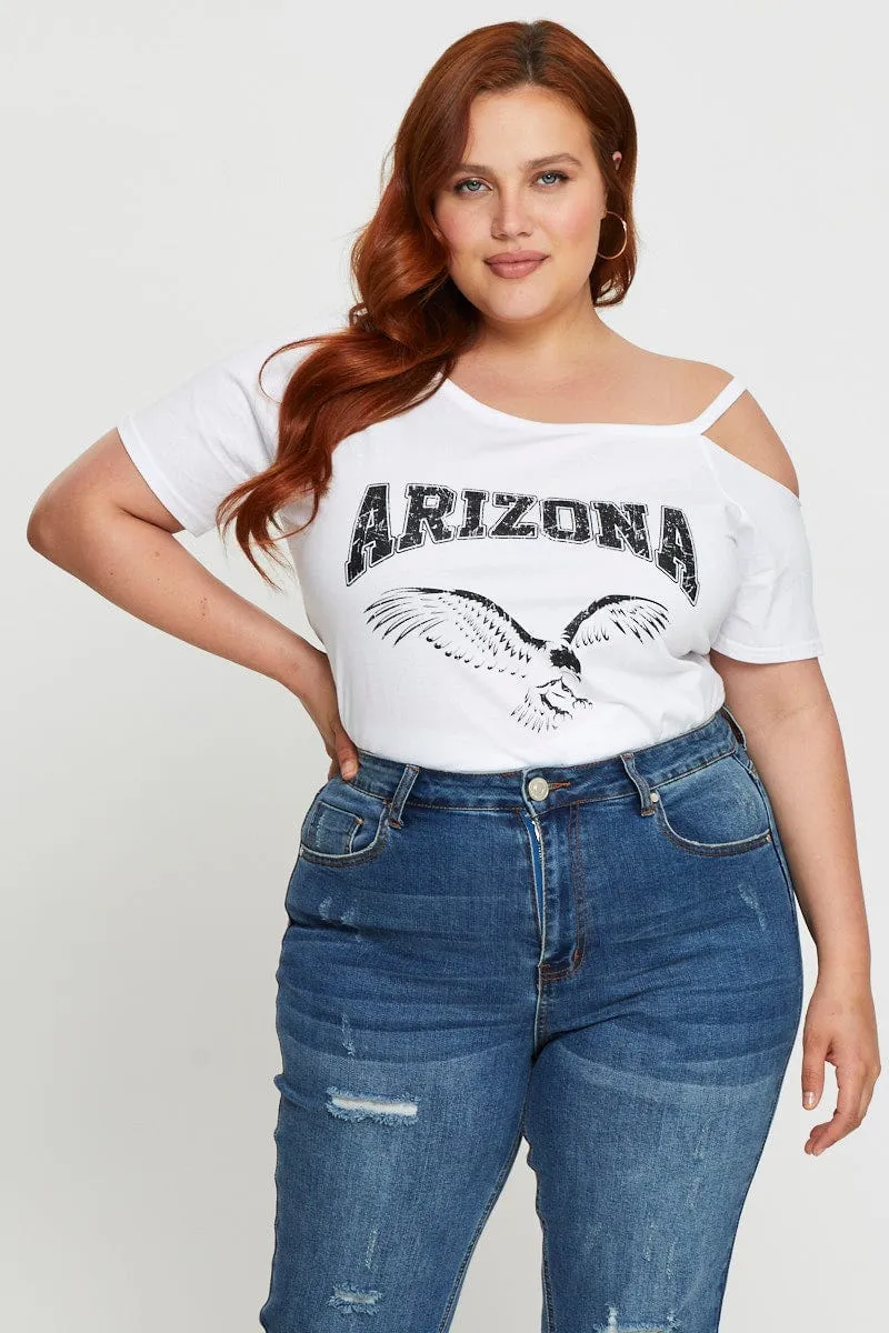 Comfy and Soft White Graphic T-shirt Arizona Short Sleeve Cold Shoulder