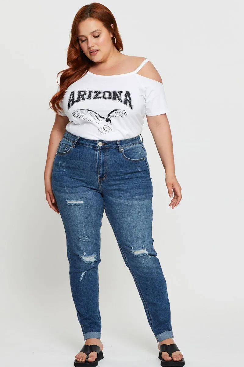 City Smart White Graphic T-shirt Arizona Short Sleeve Cold Shoulder