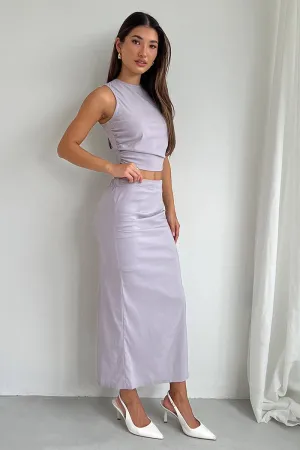 Grey Gathered Midi Skirt High Rise Bengaline Split Daily Wear
