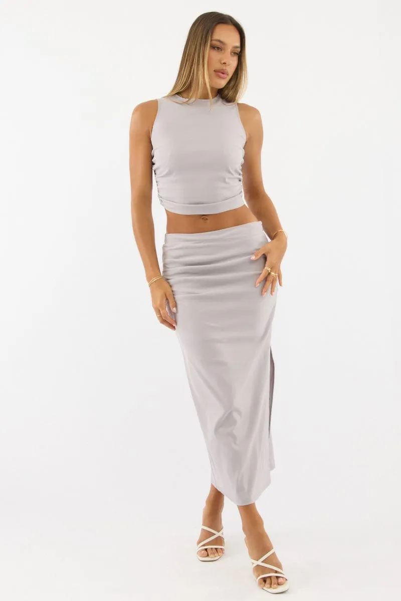 Grey Gathered Midi Skirt High Rise Bengaline Split Water Repellent Minimalist Chic