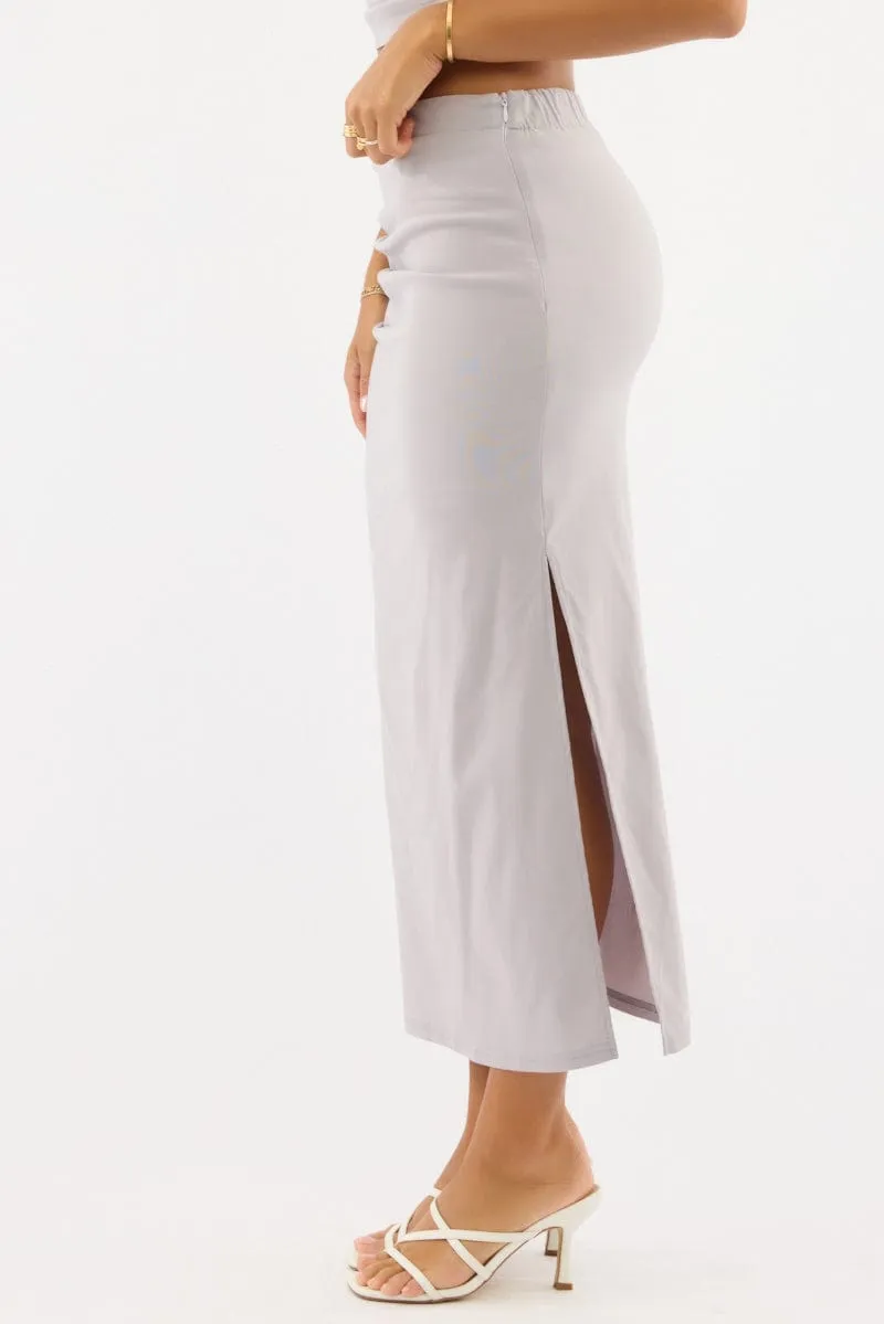 Grey Gathered Midi Skirt High Rise Bengaline Split Washable fabric