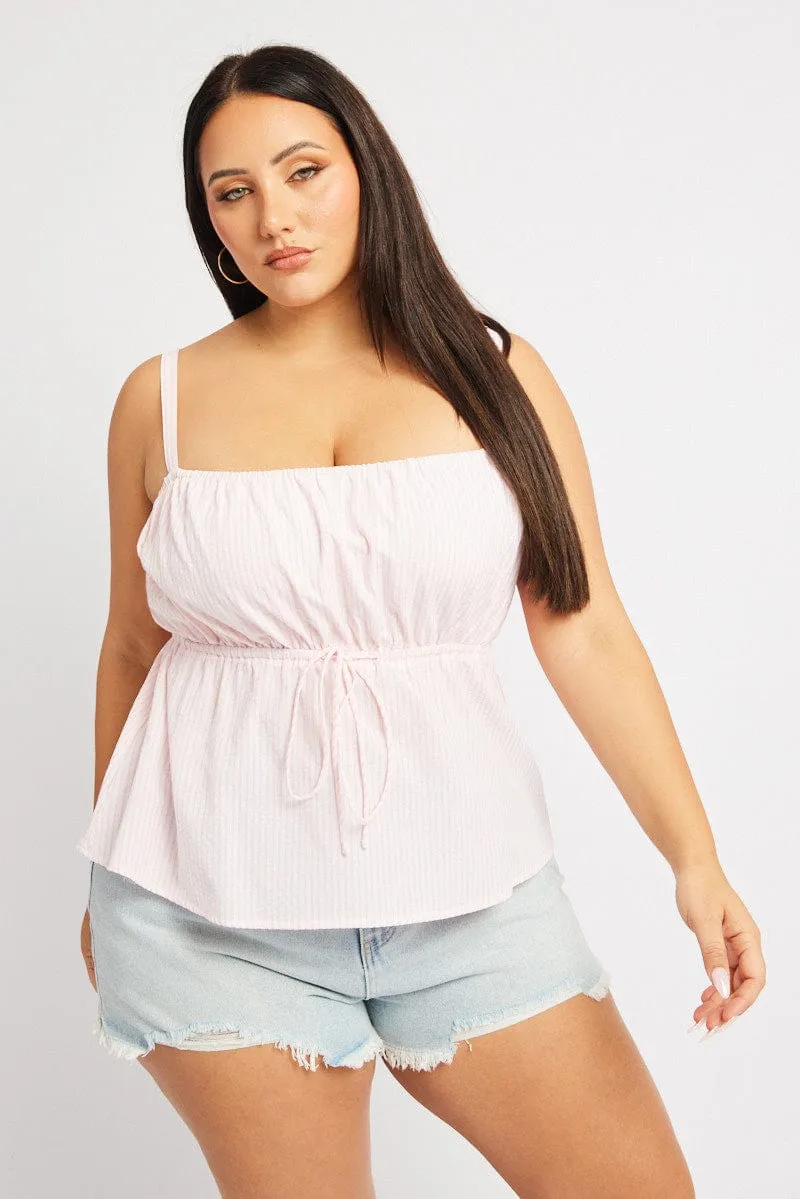 Natural Fiber Blend Pink Stripe Cami Top Sleeveless Stripe Front Tie