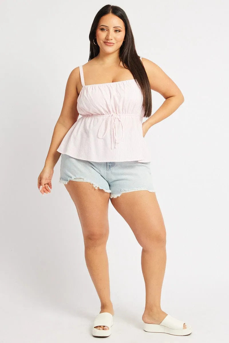 Pink Stripe Cami Top Sleeveless Stripe Front Tie Stylish Apparel Mature Charm