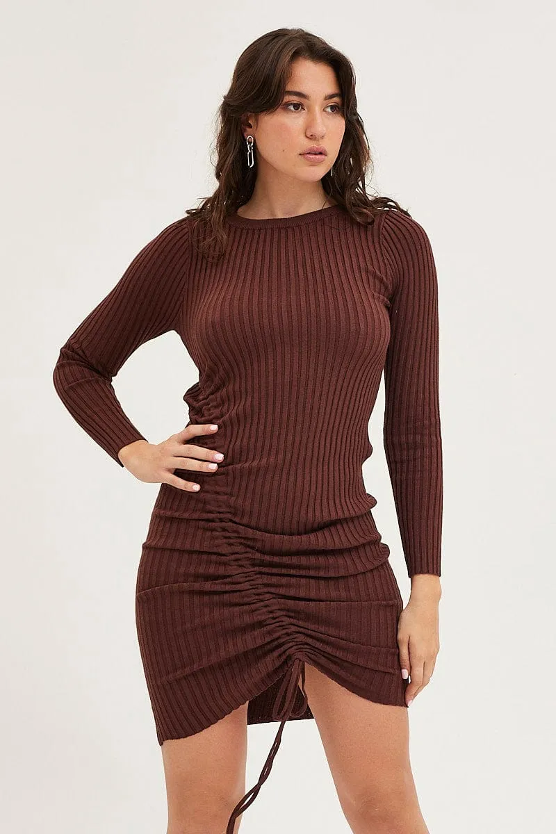 Brown Drawstring Dress Long Sleeve Mini Beach Ready