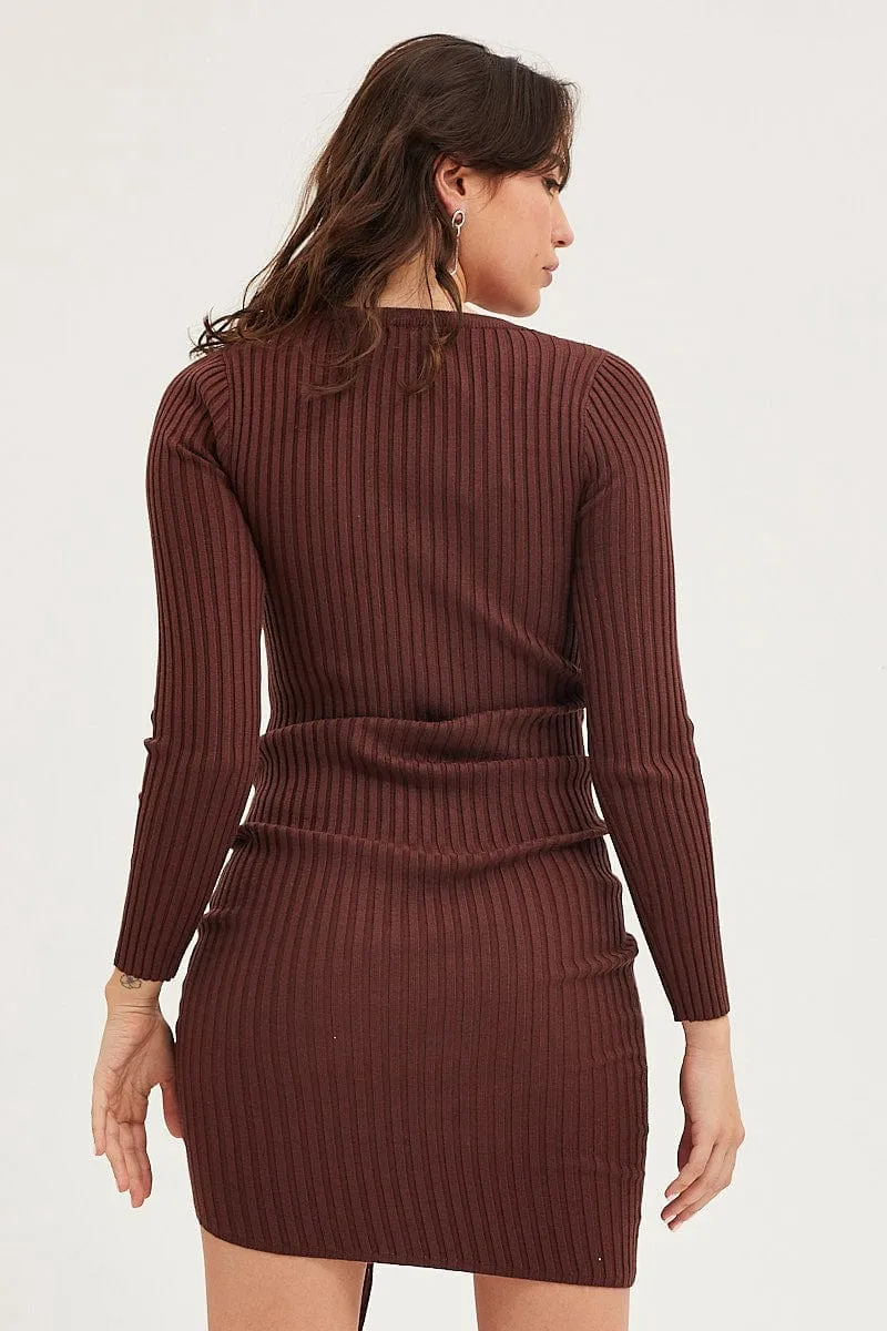 WindproofInterior Dance Light Brown Drawstring Dress Long Sleeve Mini