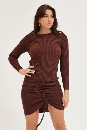 Brown Drawstring Dress Long Sleeve Mini Beach Ready