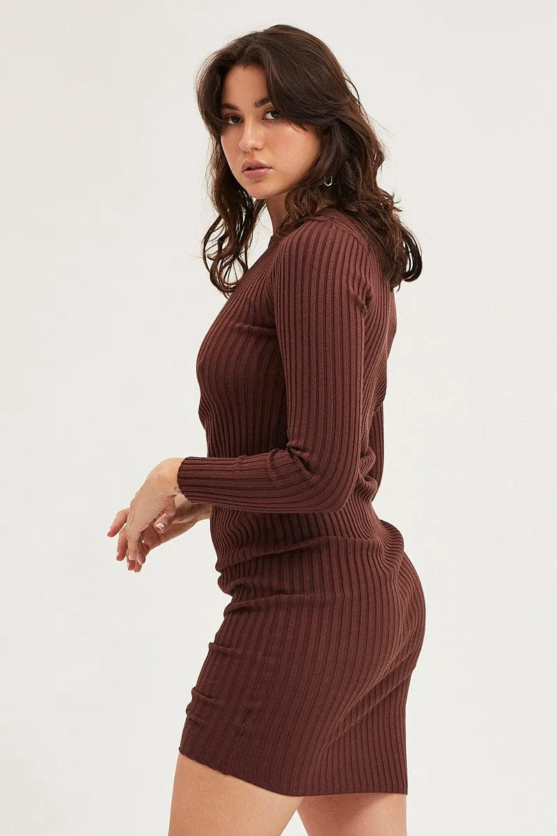 Brown Drawstring Dress Long Sleeve Mini Stylish Jumper Comfortable Design
