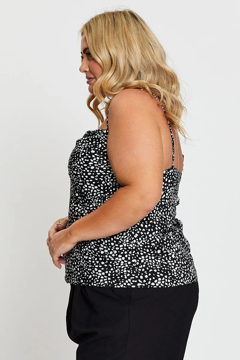 Geo Print Singlet Top Cowl Neck Satin Bead Soul Soft Knit