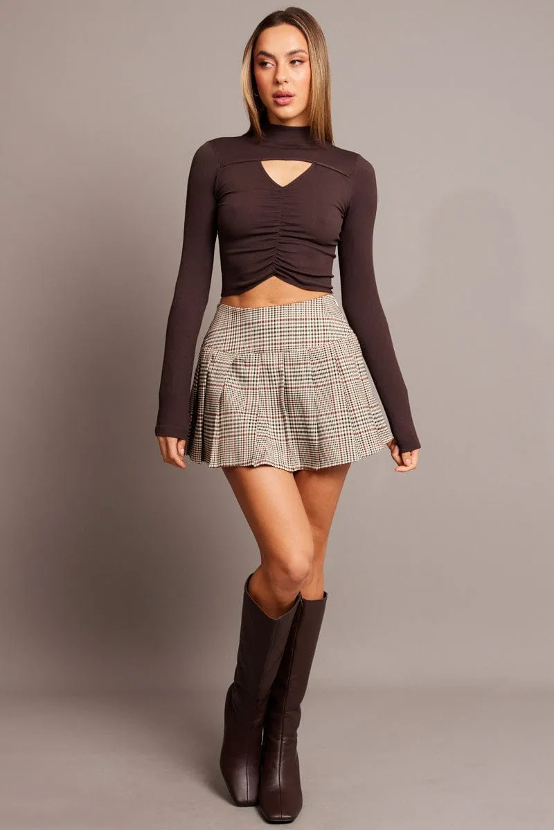 Commute Ease Web Glow Brown Cut Out Top Long Sleeve Mock Neck Seamless