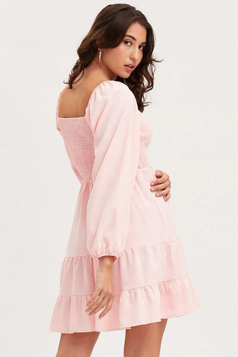 Pink Shirred Dress Long Sleeve Mini yoga mode Fame Glow