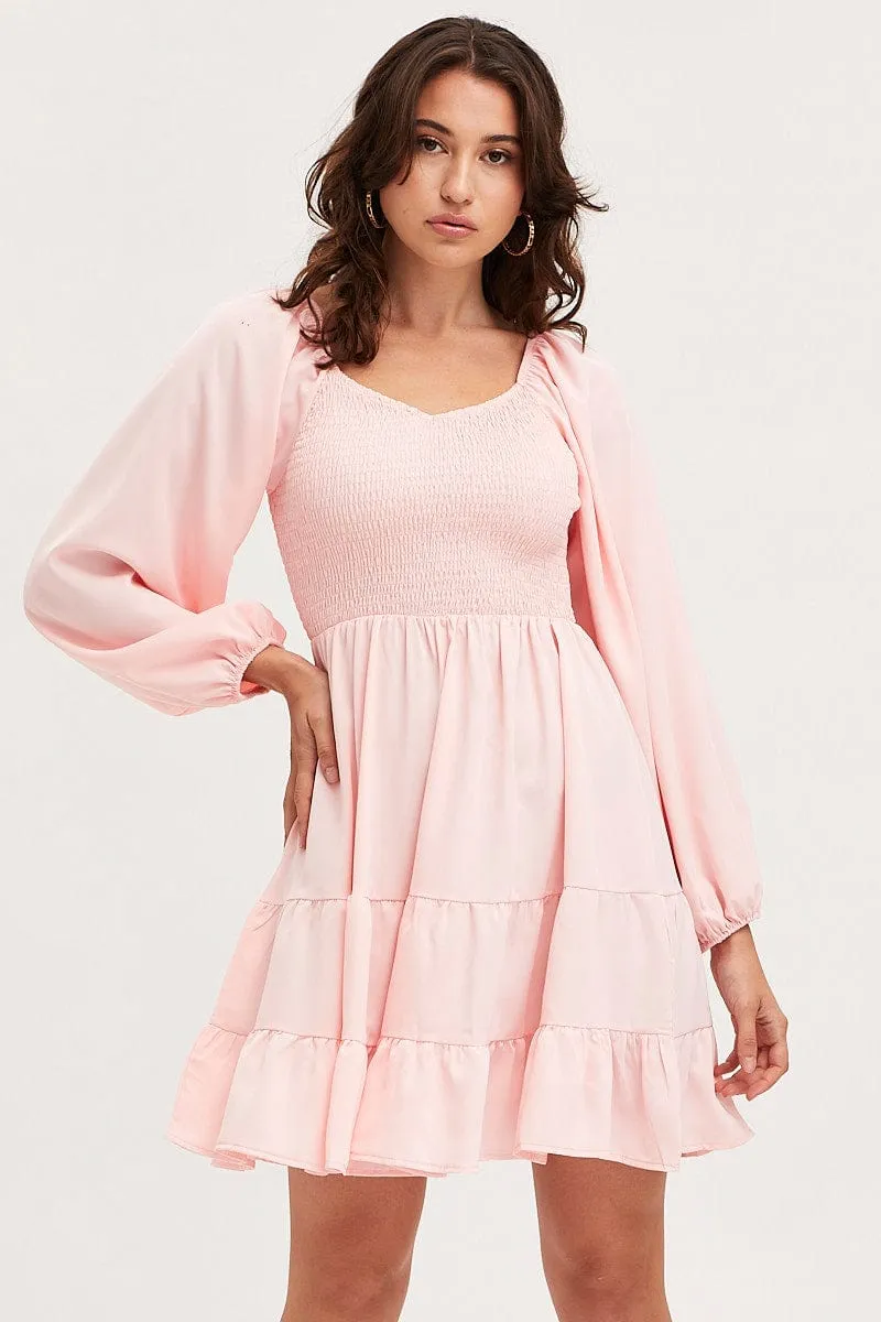Relaxed Style Young Edge Pink Shirred Dress Long Sleeve Mini
