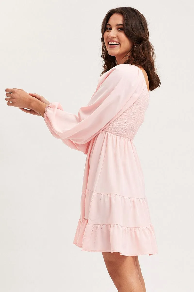 Pink Shirred Dress Long Sleeve Mini Comfort Design Modern Chic