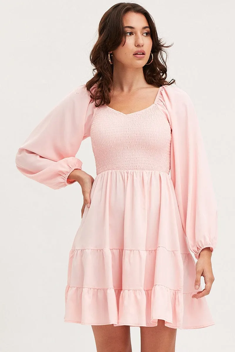 Casual Sweatshirt AntiStaticMaterial Pink Shirred Dress Long Sleeve Mini
