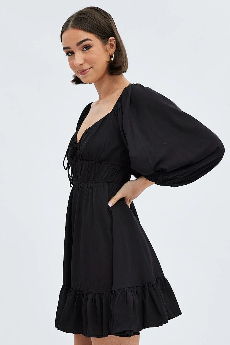 Black Fit and Flare Dress Long Sleeve Cut Out Travel Vibe