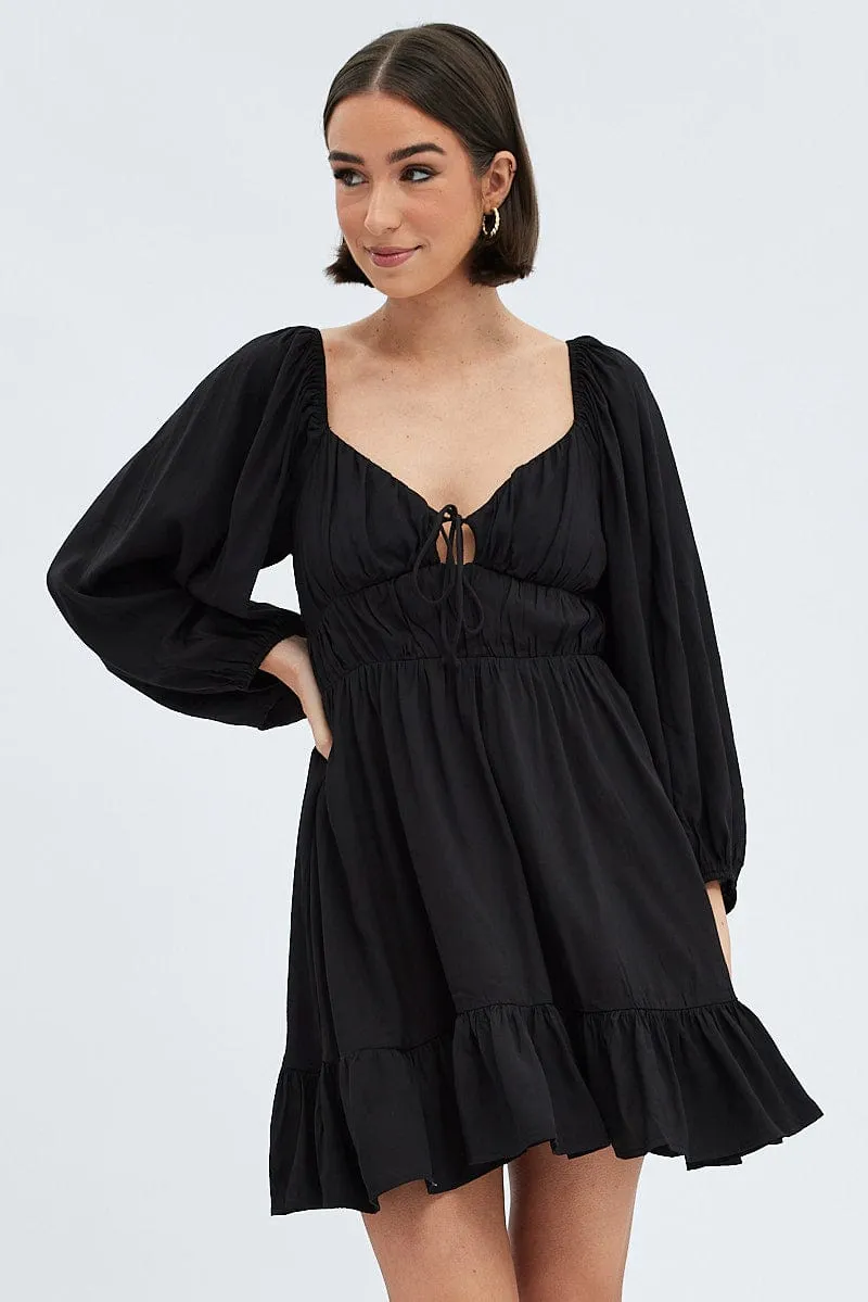 NonIrritating Seams Black Fit and Flare Dress Long Sleeve Cut Out