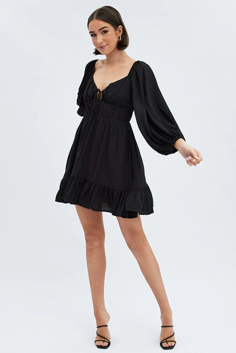Black Fit and Flare Dress Long Sleeve Cut Out Luxury Apparel Mind Ease