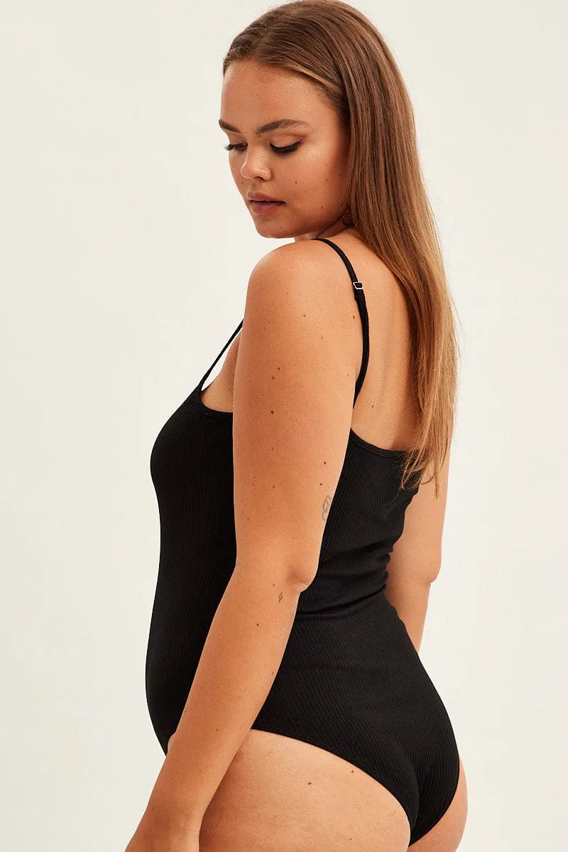 Earth Glow Black Sleeveless Bodysuit Rib Jersey Cutout