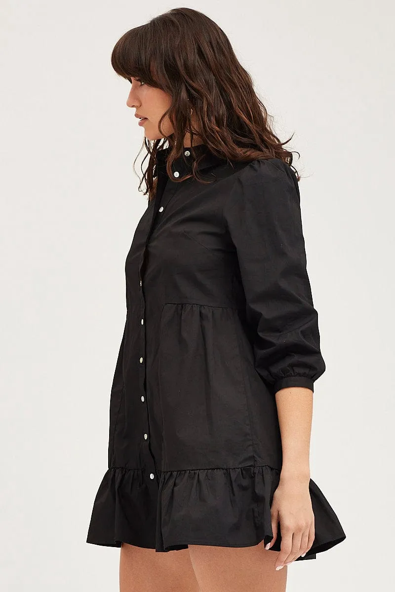 MoistureWickingTechnology NoSlipGrip Black Shirt Dress Long Sleeve Mini High Neck