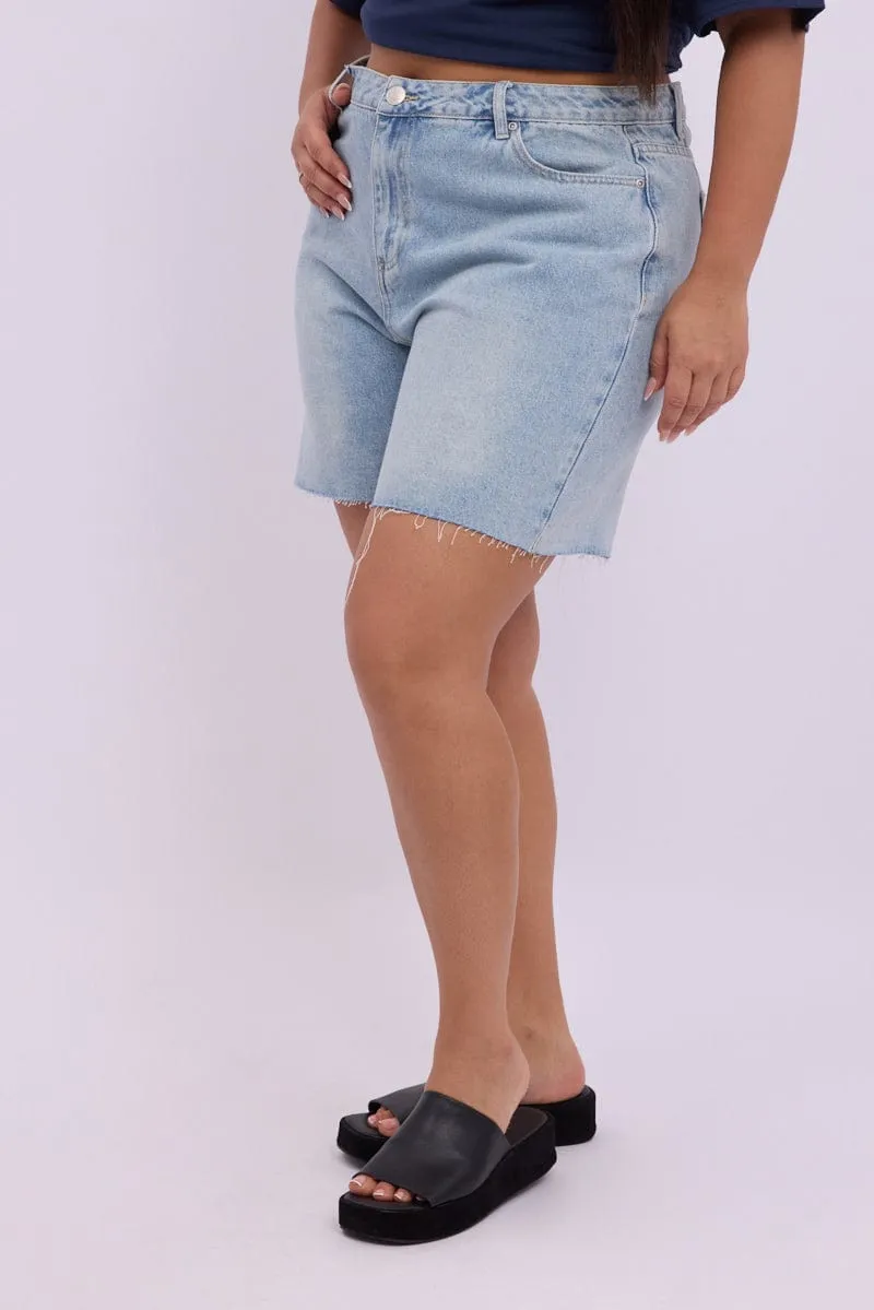 WrinkleResistantCloth Denim Longline Shorts High Rise Relaxed Fit Raw Hem
