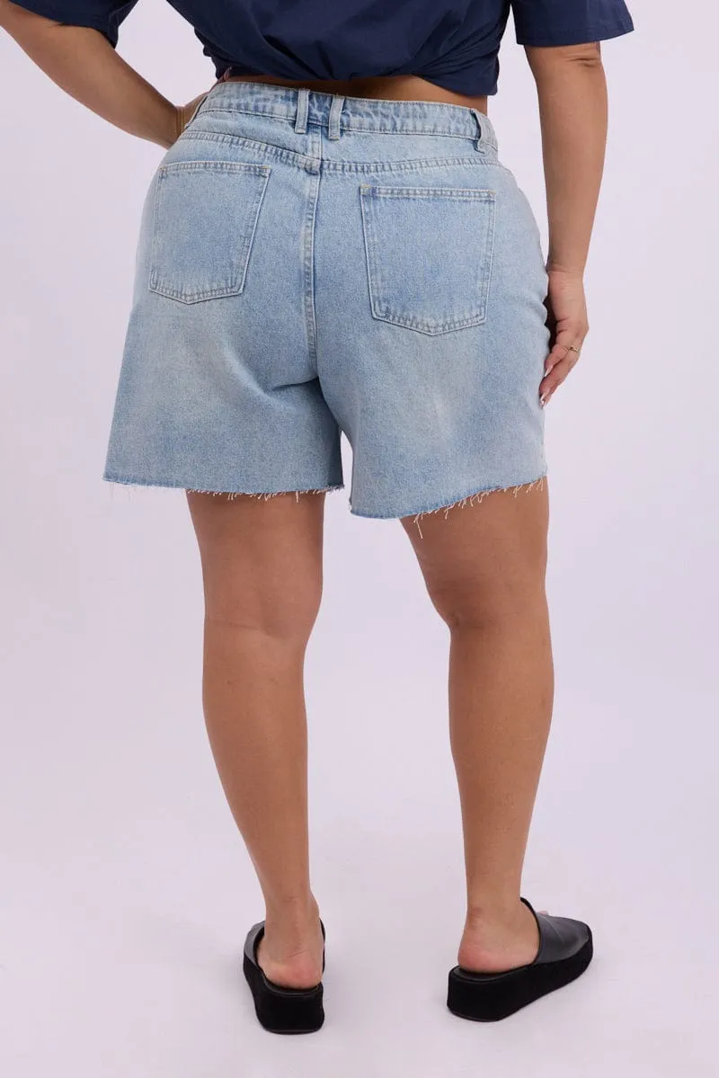 Denim Longline Shorts High Rise Relaxed Fit Raw Hem Fashion Forward Pure Cotton