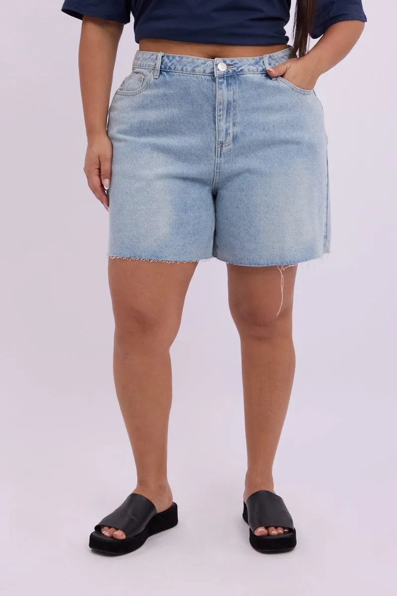 Denim Longline Shorts High Rise Relaxed Fit Raw Hem StaticFreeLining