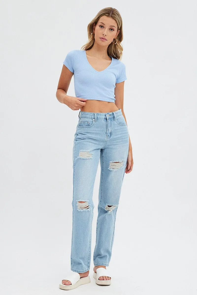 Blue T Shirt Short Sleeve V Neck Seamless StaticResistant AdjustableHemline