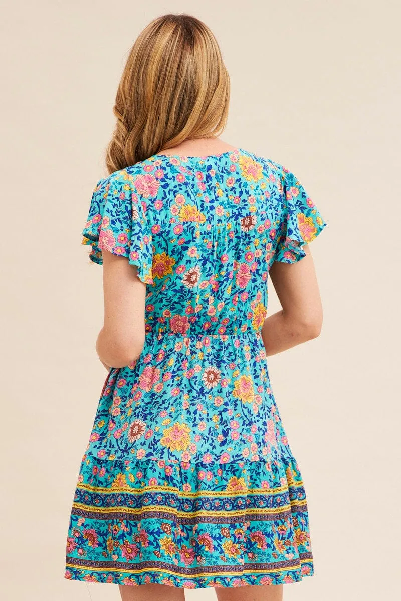 WrinkleResistantCloth HypoallergenicTextile Boho Print Short Sleeve Button Front Skater Dress