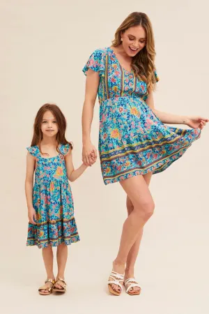 Plane Mood Repair Fit Boho Print Short Sleeve Button Front Skater Dress